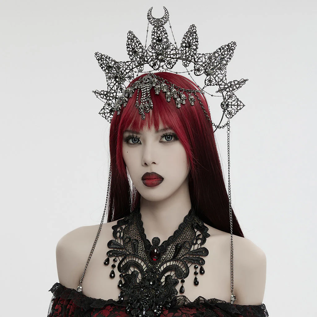 WS-737FSF Skull Chain Gothic Crown Headpiece Silver Crescent Moon Design - Image 21