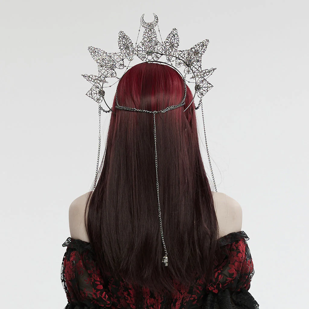 WS-737FSF Skull Chain Gothic Crown Headpiece Silver Crescent Moon Design - Image 4