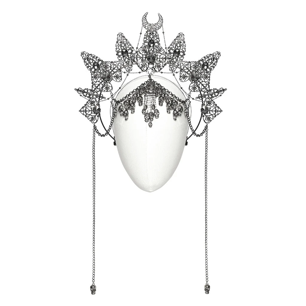 WS-737FSF Skull Chain Gothic Crown Headpiece Silver Crescent Moon Design - Image 6