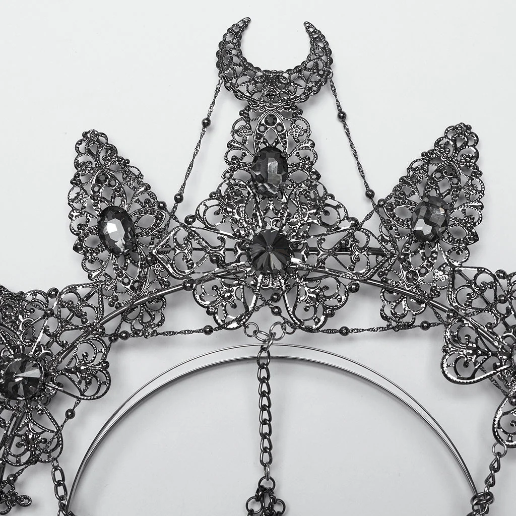 WS-737FSF Skull Chain Gothic Crown Headpiece Silver Crescent Moon Design - Image 8