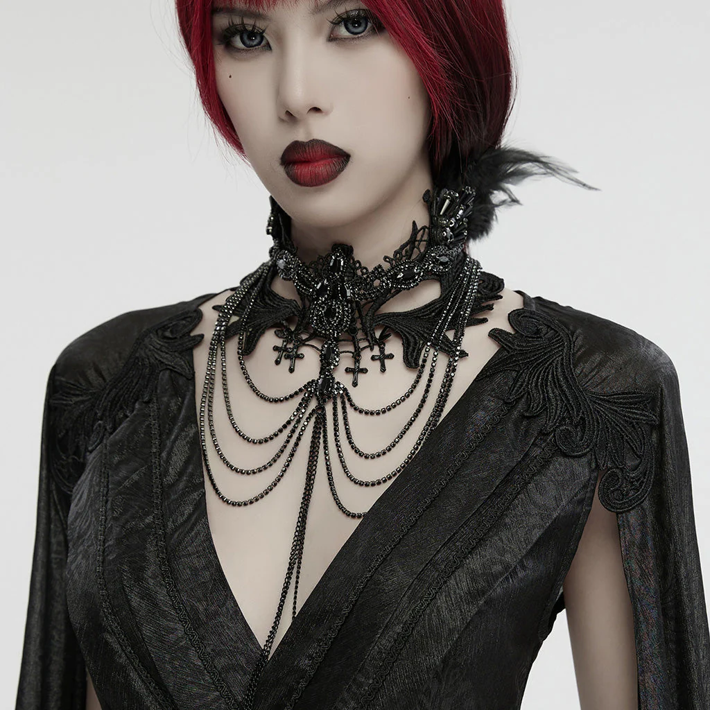 WS-738LHF Gothic Winged Cross Layered Necklace with Feather Details - Image 13
