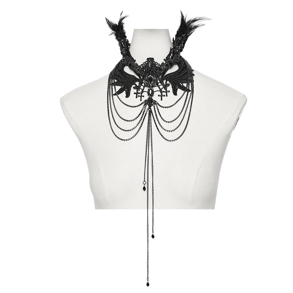 WS-738LHF Gothic Winged Cross Layered Necklace with Feather Details - Image 6