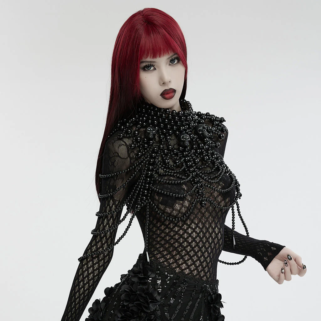 WS-739LHF Gothic Skull Beaded black Statement Neck Cover Accessory - Image 3