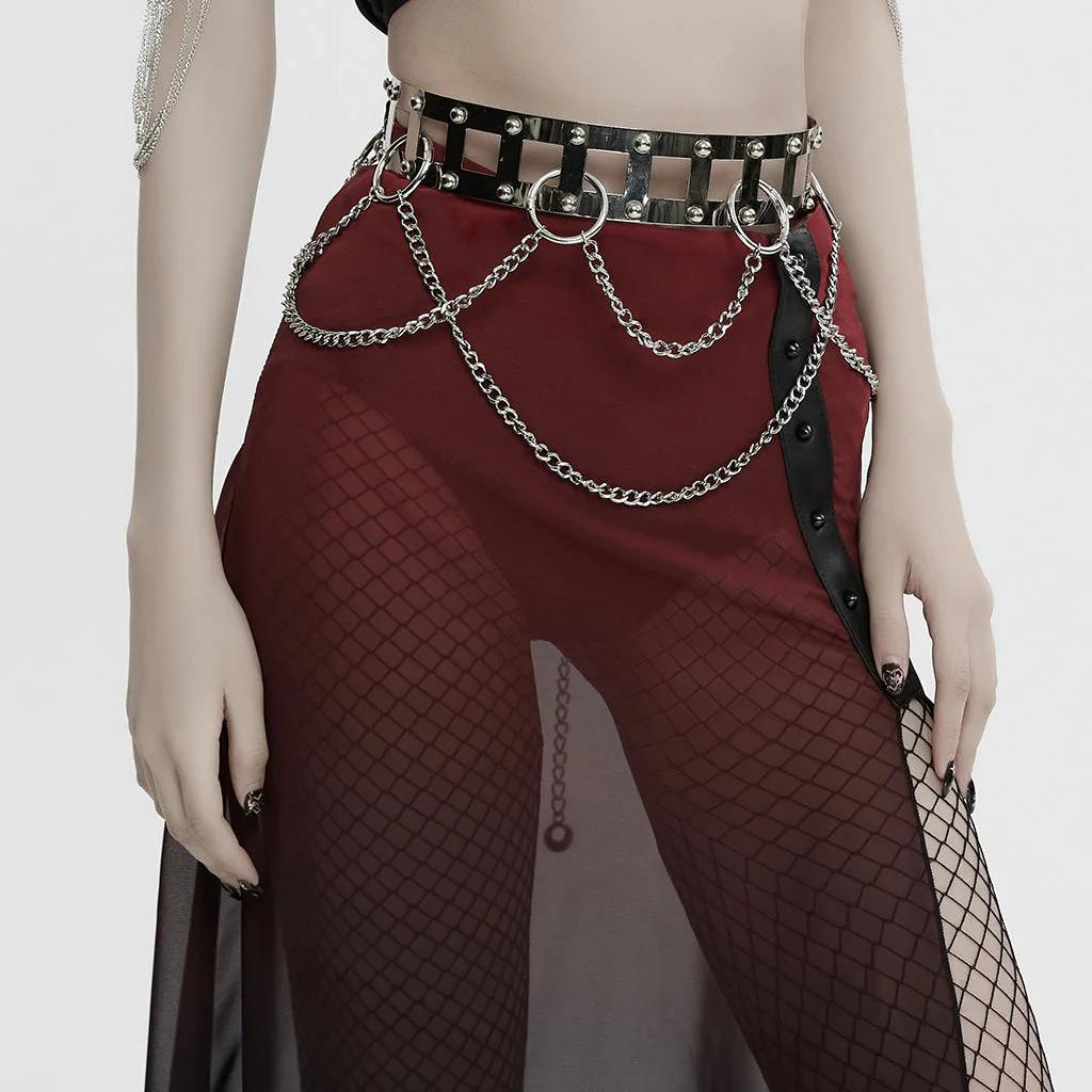 WS-742YDF Edgy silver Rivet Belt with Chains Punk Accessories - Image 3