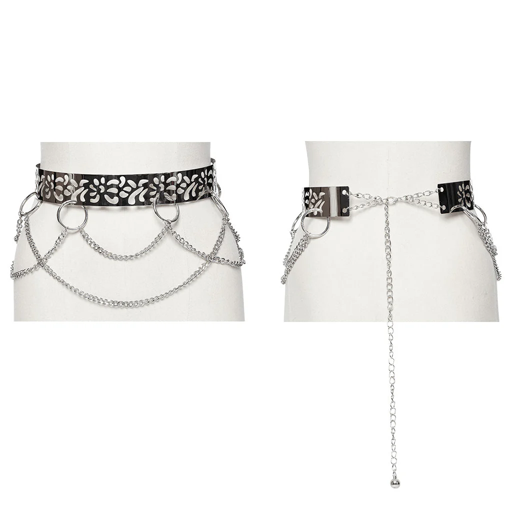 WS-743YDF Gothic Floral Metal Belt with Chains silver Punk Accessories - Image 6
