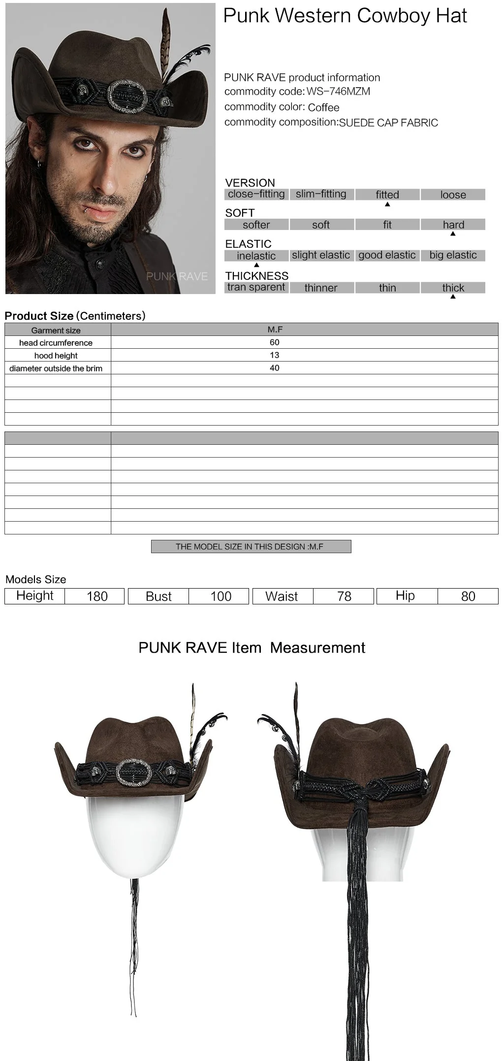 WS-746MZM Suede Cowboy Hat with Feathers Punk Accessories Edition - Image 11