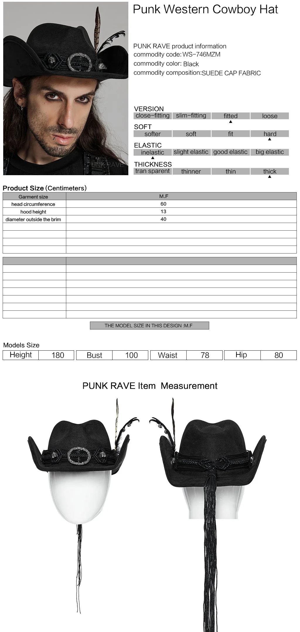 WS-746MZM Suede Cowboy Hat with Feathers Punk Accessories Edition - Image 22