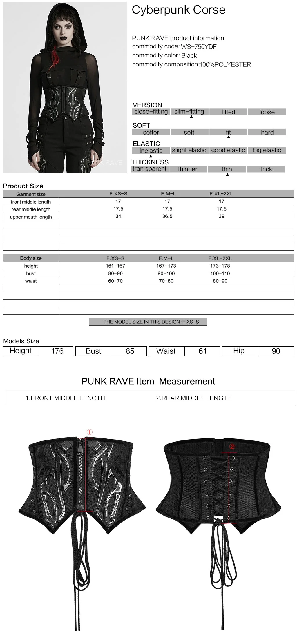 WS-750YDF Edgy Black Punk Corset Gothic Steel Boned Waist Cincher - Image 12
