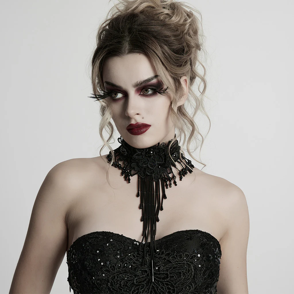WS-773LHF Gothic Accessories Lace Choker Black Fringe Dramatic Necklace