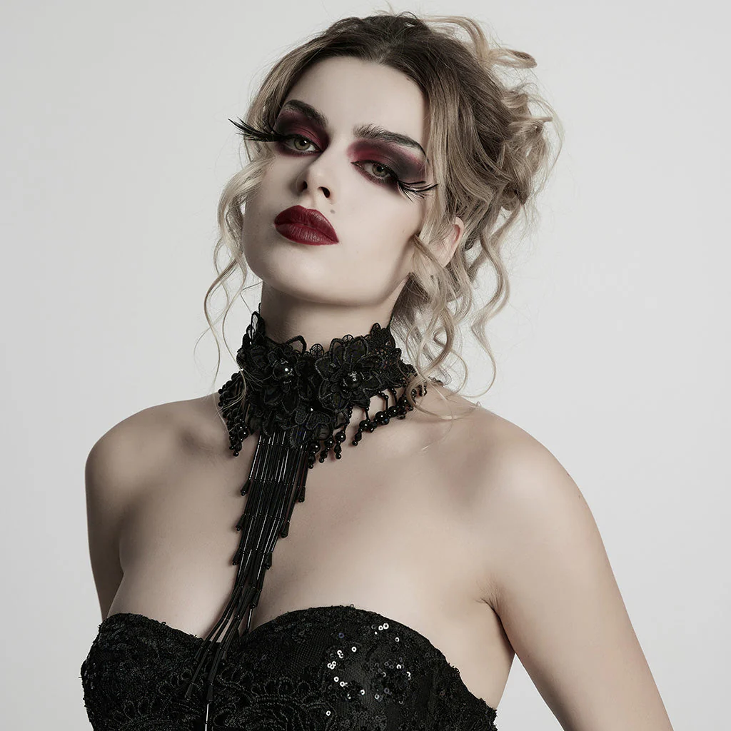 WS-773LHF Gothic Accessories Lace Choker Black Fringe Dramatic Necklace - Image 12