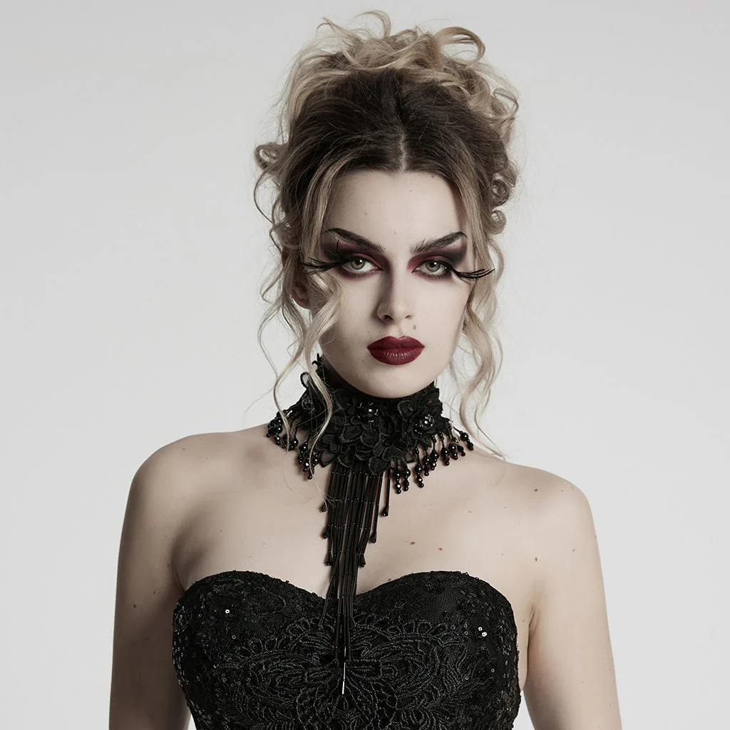 WS-773LHF Gothic Accessories Lace Choker Black Fringe Dramatic Necklace - Image 13
