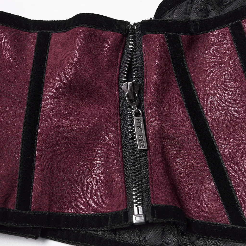 WS-776YDF Gothic Corset Lace Embroidered Velvet Maroon Waist Cincher Tie Back - Image 10