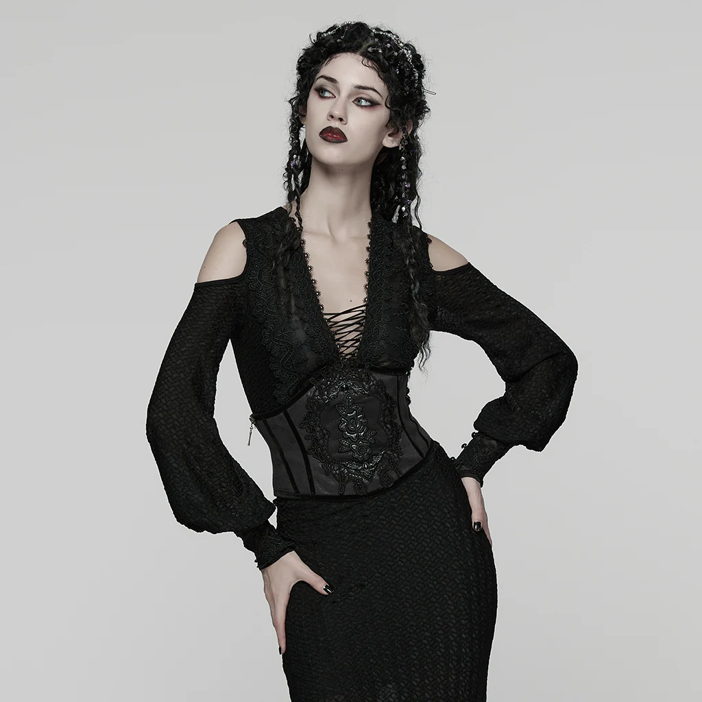 WS-776YDF Gothic Corset Lace Embroidered Velvet Maroon Waist Cincher Tie Back - Image 14