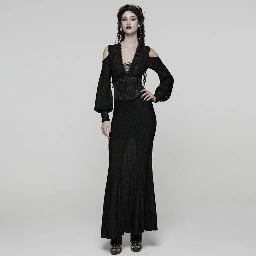WS-776YDF Gothic Corset Lace Embroidered Velvet Maroon Waist Cincher Tie Back - Image 16