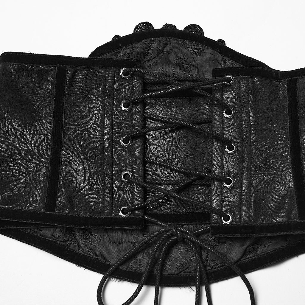 WS-776YDF Gothic Corset Lace Embroidered Velvet Maroon Waist Cincher Tie Back - Image 20