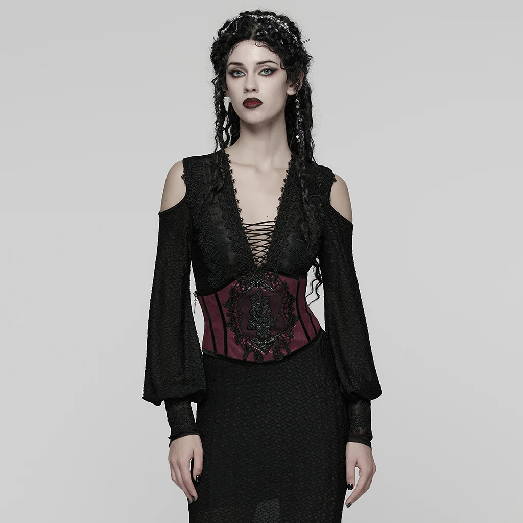 WS-776YDF Gothic Corset Lace Embroidered Velvet Maroon Waist Cincher Tie Back - Image 3
