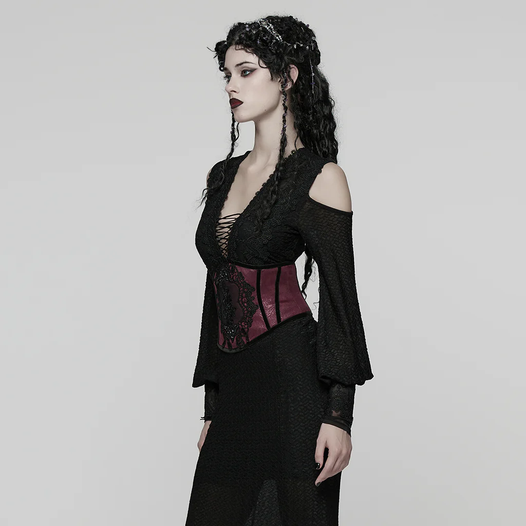 WS-776YDF Gothic Corset Lace Embroidered Velvet Maroon Waist Cincher Tie Back - Image 4