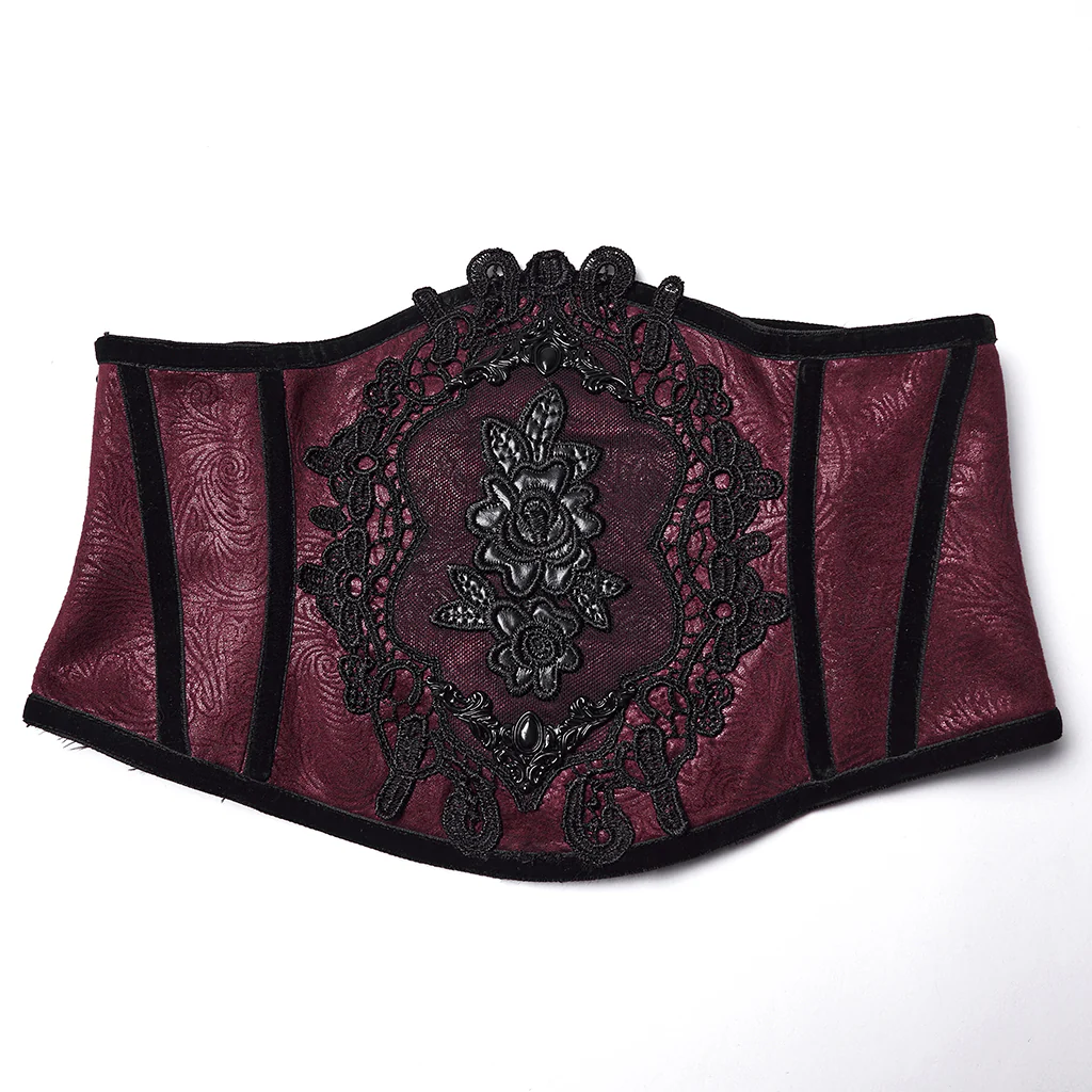 WS-776YDF Gothic Corset Lace Embroidered Velvet Maroon Waist Cincher Tie Back - Image 7