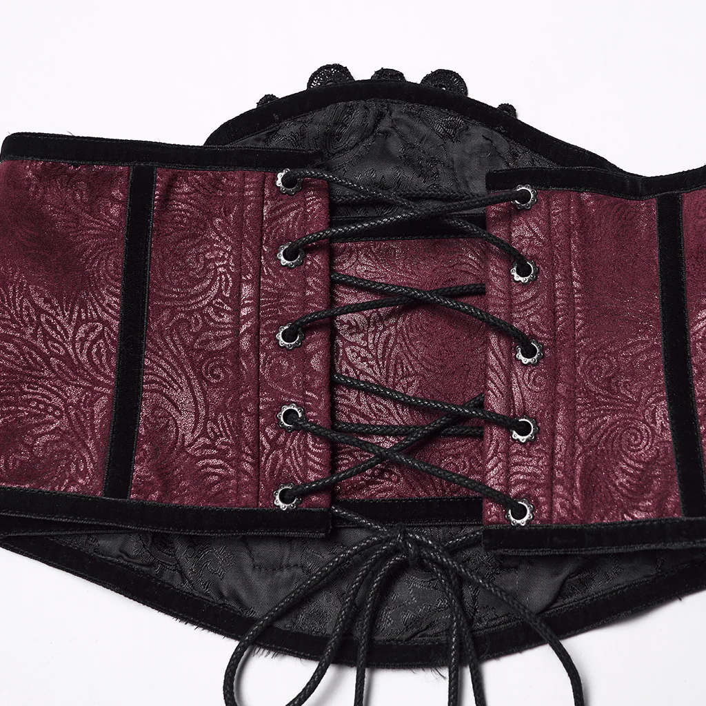 WS-776YDF Gothic Corset Lace Embroidered Velvet Maroon Waist Cincher Tie Back - Image 9
