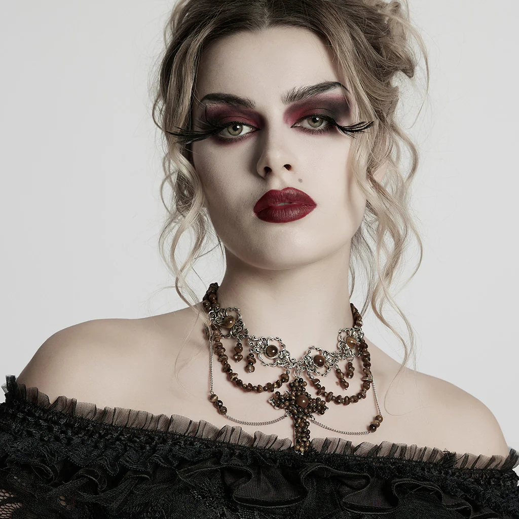 WS-781LHF Gothic Accessories Black Beaded Choker Necklace with Cross Pendant - Image 11