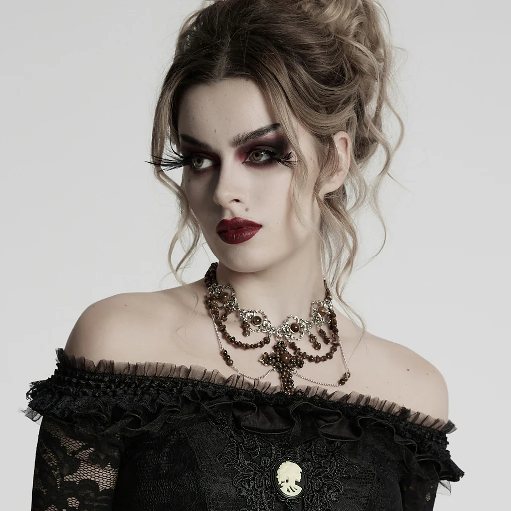 WS-781LHF Gothic Accessories Black Beaded Choker Necklace with Cross Pendant - Image 12