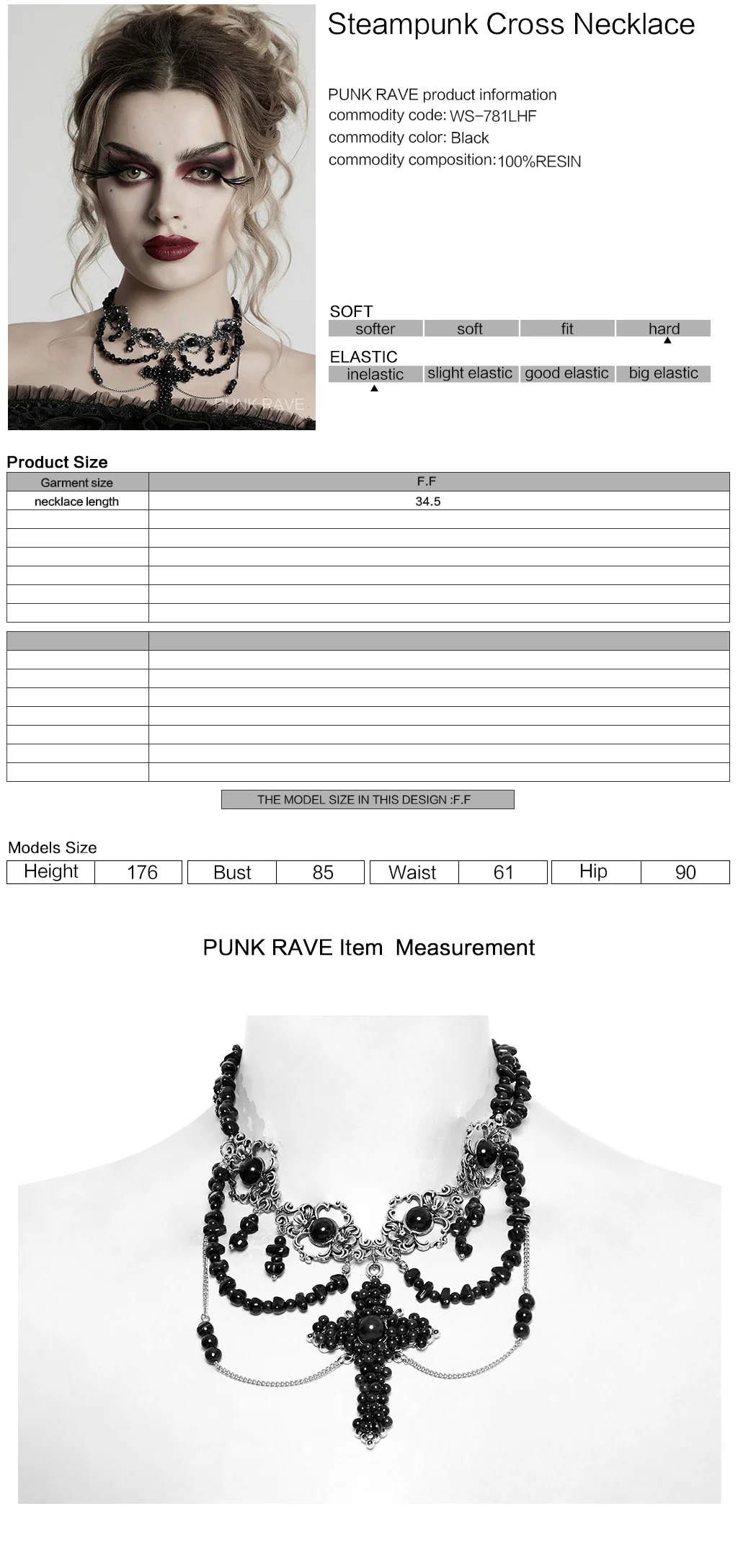 WS-781LHF Gothic Accessories Black Beaded Choker Necklace with Cross Pendant - Image 2