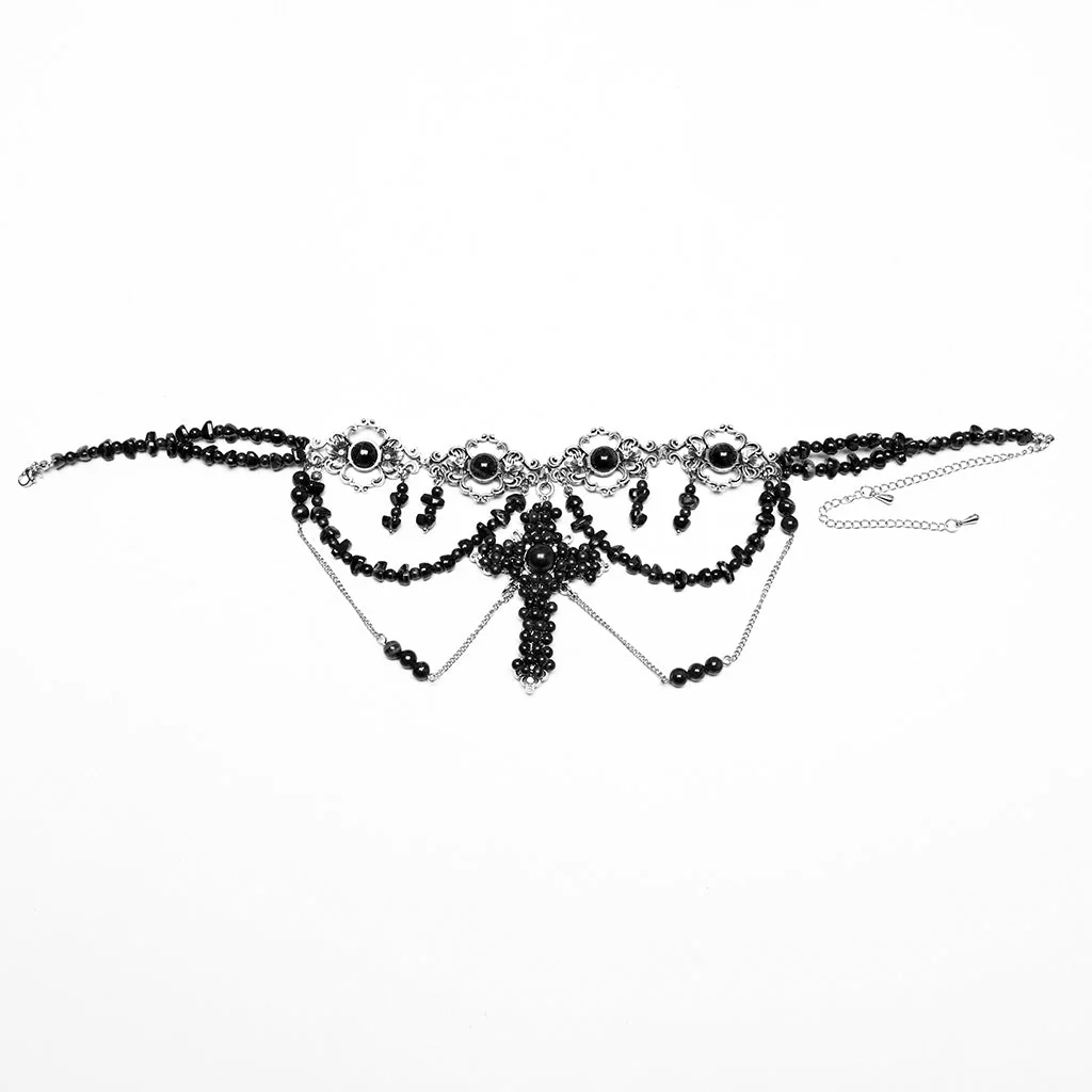 WS-781LHF Gothic Accessories Black Beaded Choker Necklace with Cross Pendant - Image 24