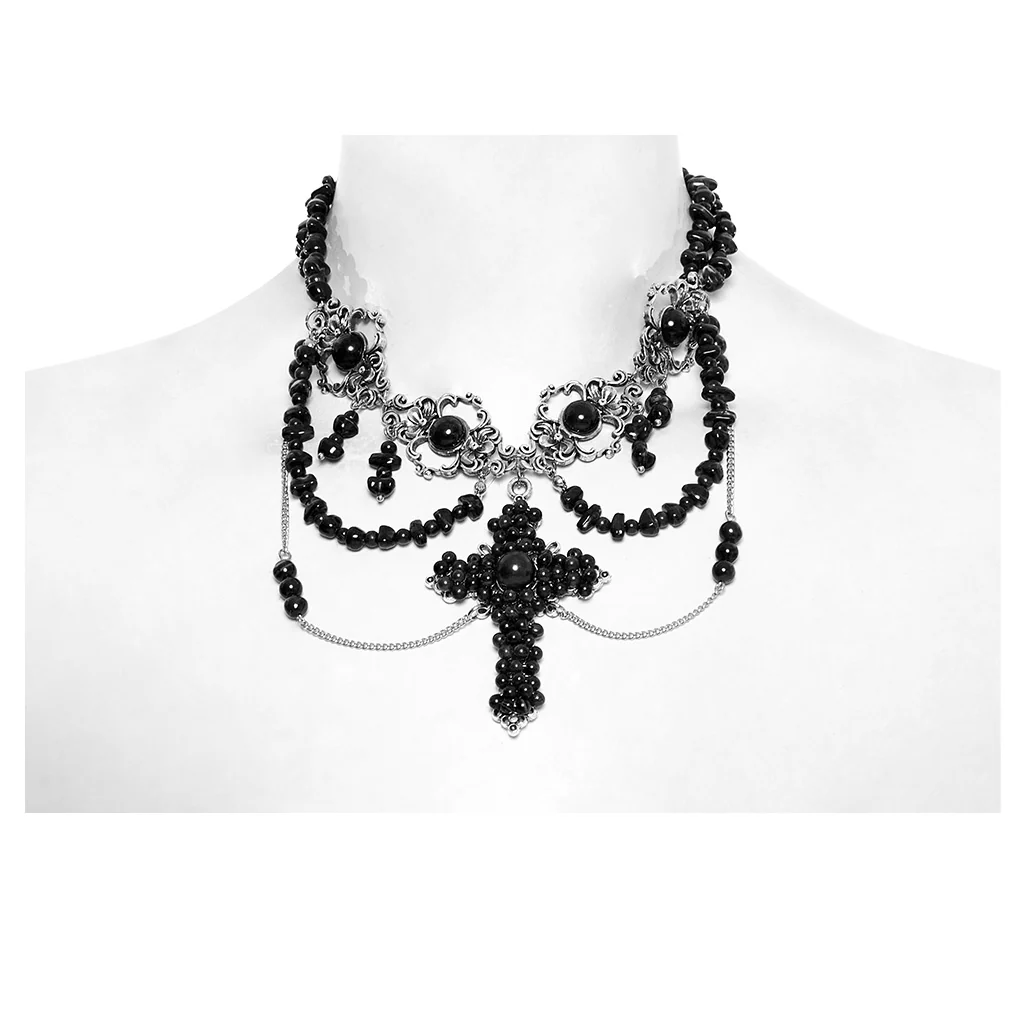 WS-781LHF Gothic Accessories Black Beaded Choker Necklace with Cross Pendant - Image 5