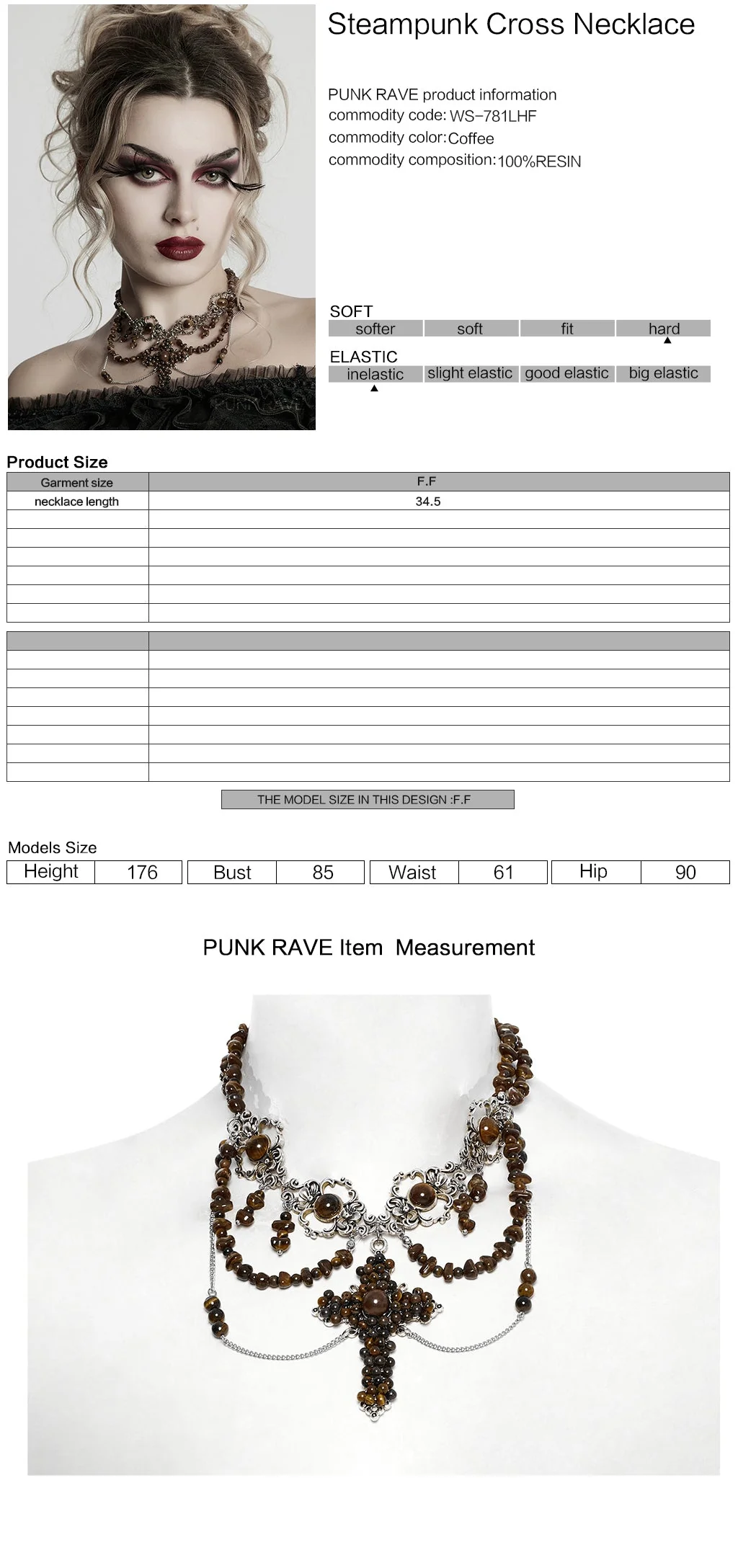 WS-781LHF Gothic Accessories Black Beaded Choker Necklace with Cross Pendant - Image 51