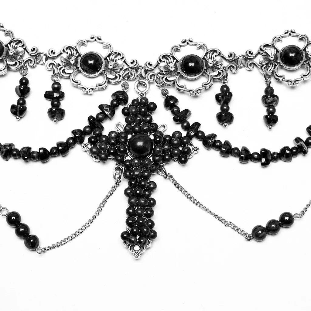 WS-781LHF Gothic Accessories Black Beaded Choker Necklace with Cross Pendant - Image 7