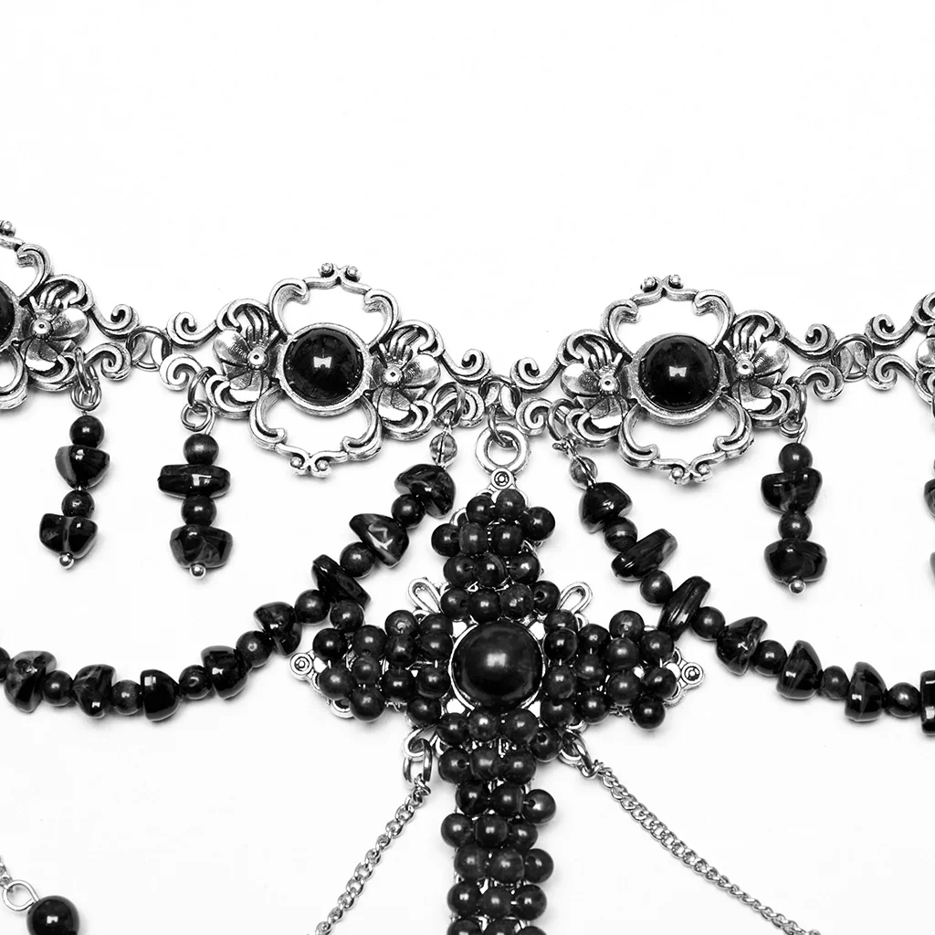WS-781LHF Gothic Accessories Black Beaded Choker Necklace with Cross Pendant - Image 9