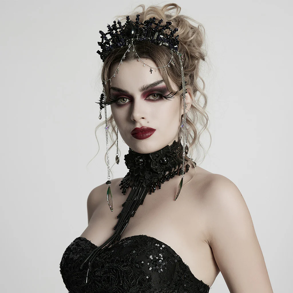WS-784FSF Gothic Accessories: Elegant Black Crown with Chains and Jewel Headpiece Gothic Accessories Black Beaded Crown with Dramatic Choker Set - Image 3