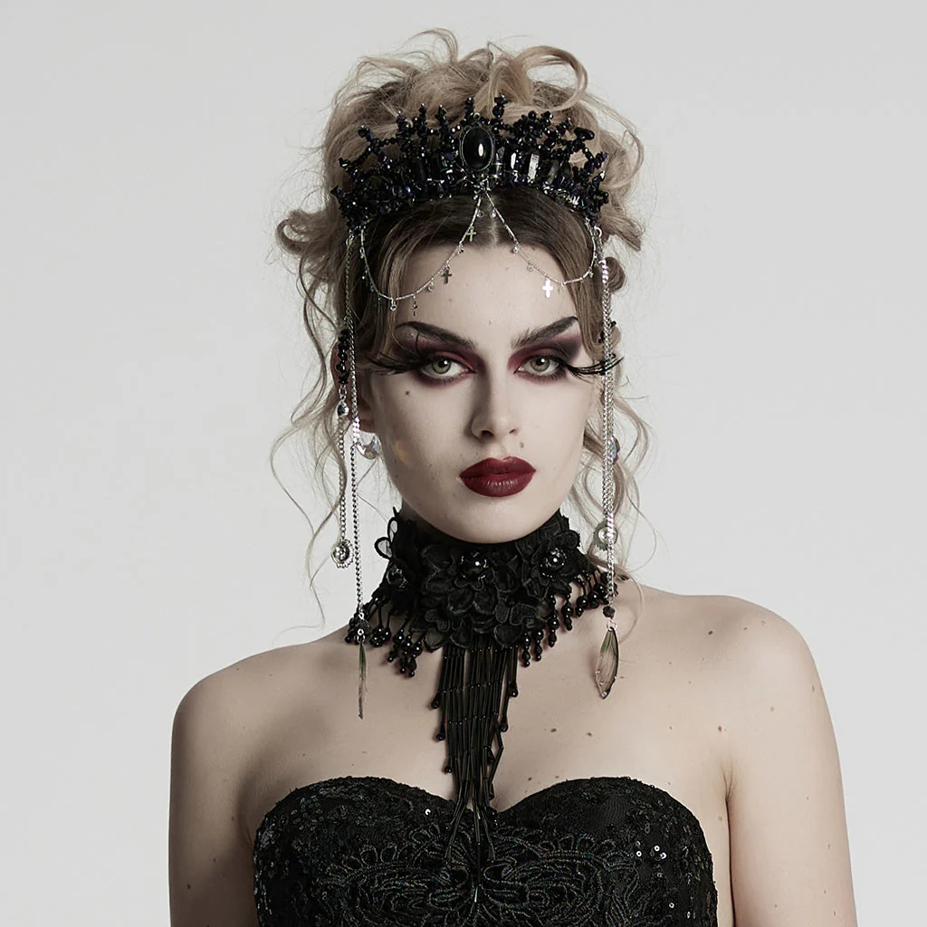 WS-784FSF Gothic Accessories: Elegant Black Crown with Chains and Jewel Headpiece Gothic Accessories Black Beaded Crown with Dramatic Choker Set - Image 36