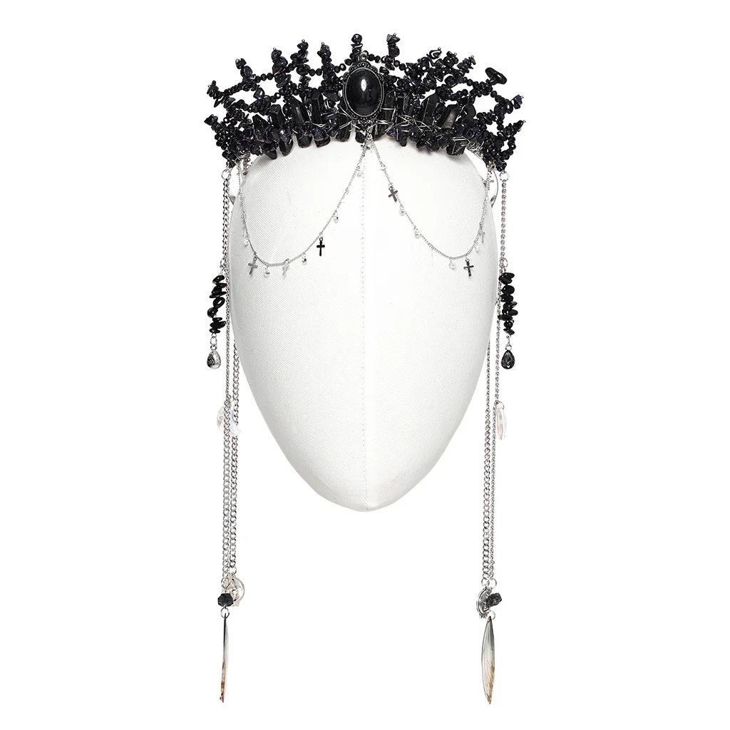 WS-784FSF Gothic Accessories: Elegant Black Crown with Chains and Jewel Headpiece Gothic Accessories Black Beaded Crown with Dramatic Choker Set - Image 5