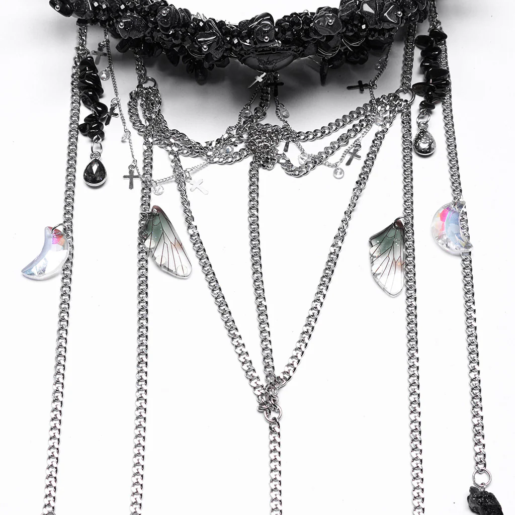 WS-784FSF Gothic Accessories: Elegant Black Crown with Chains and Jewel Headpiece Gothic Accessories Black Beaded Crown with Dramatic Choker Set - Image 7