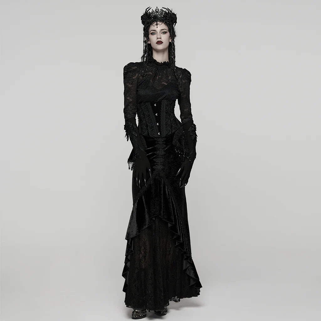 WS-790YDF Gothic Corset Black Floral Lace Up Waist Cincher - Image 6