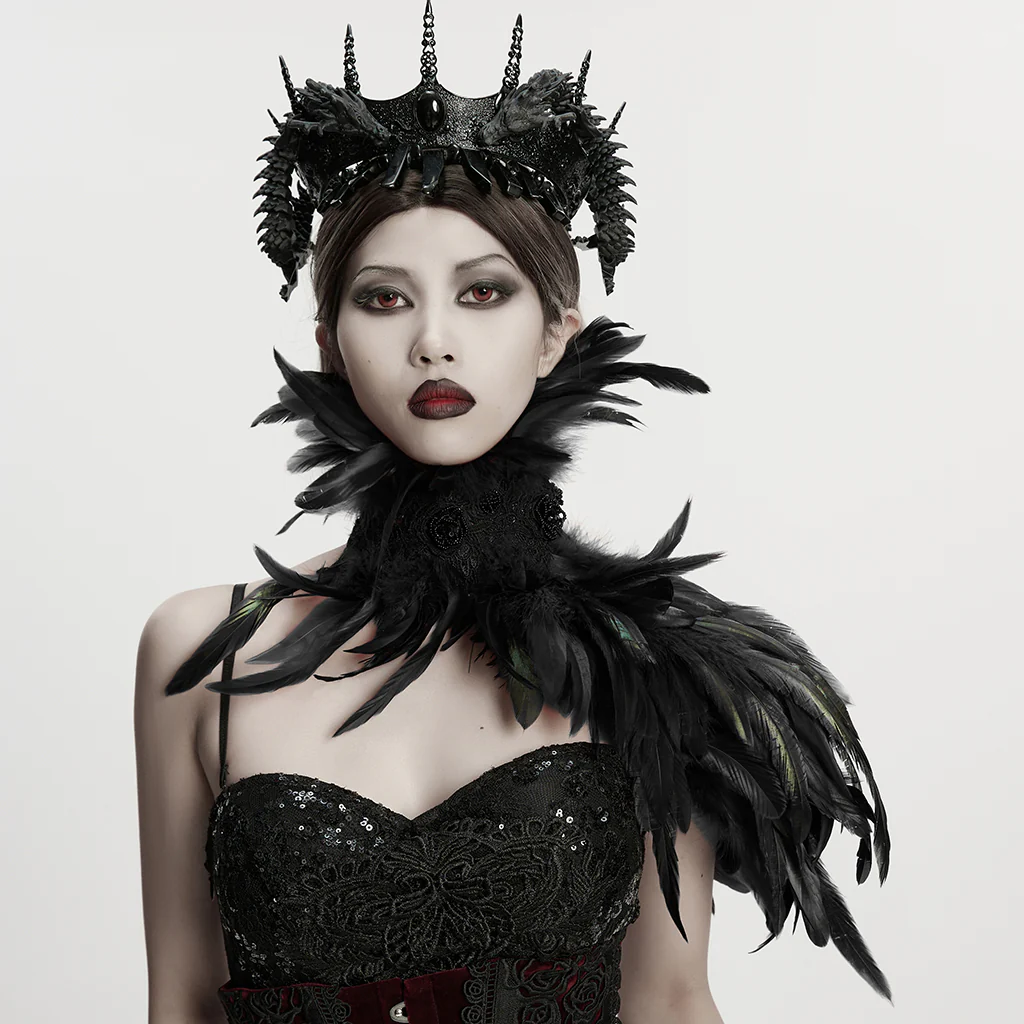 WS-808QTF Gothic Accessories Feathered Neckpiece Dramatic Black Costume Collar - Image 3