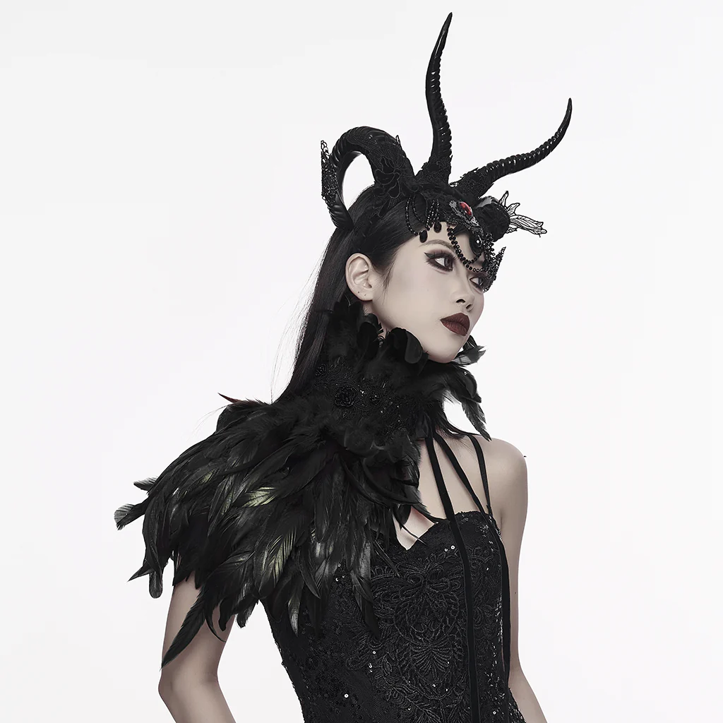 WS-808QTF Gothic Accessories Feathered Neckpiece Dramatic Black Costume Collar - Image 5