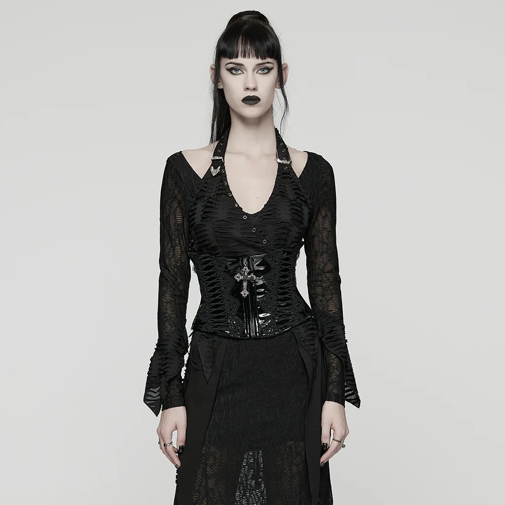 WS-815YDF Gothic Corset Black Lace-Up Patent Leather Waist Cincher - Image 3