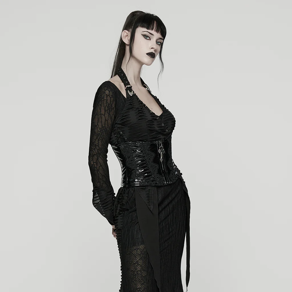 WS-815YDF Gothic Corset Black Lace-Up Patent Leather Waist Cincher - Image 4