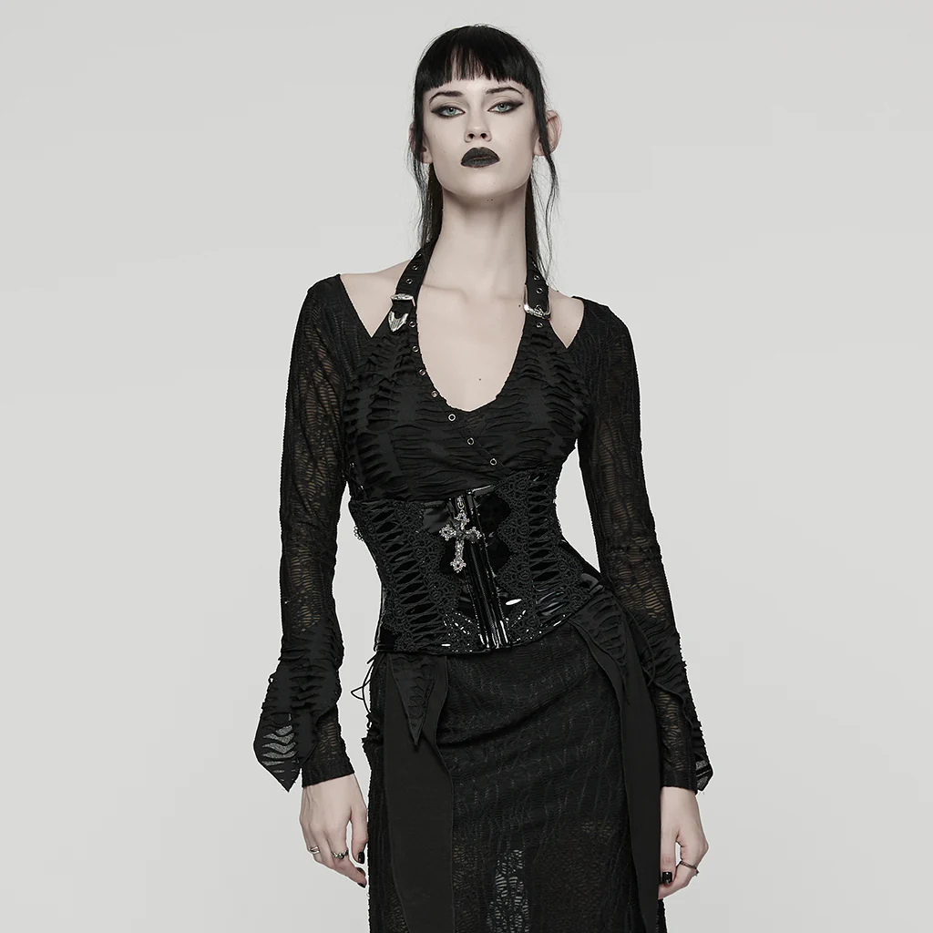 WS-815YDF Gothic Corset Black Lace-Up Patent Leather Waist Cincher - Image 5