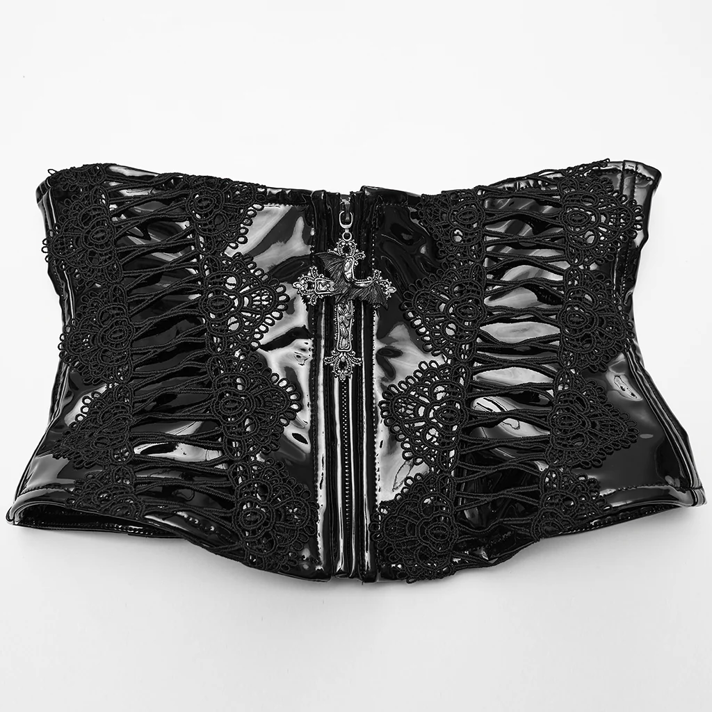 WS-815YDF Gothic Corset Black Lace-Up Patent Leather Waist Cincher - Image 7
