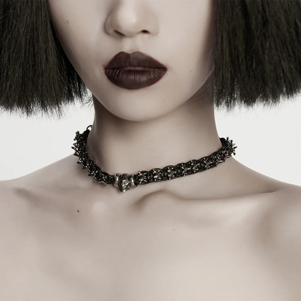 WS-822LHF Punk Accessories Gothic Skull Choker Black Spiked Necklace - Image 3