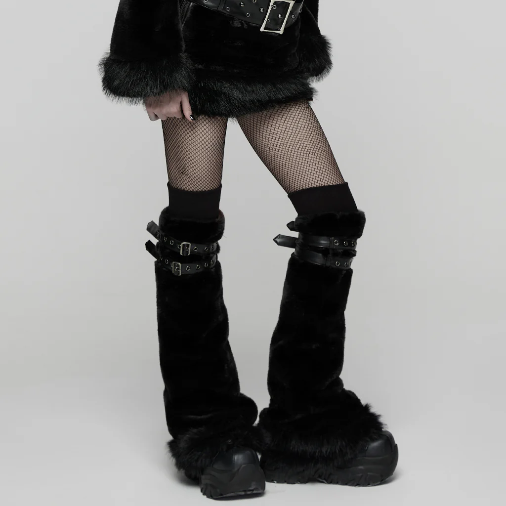WS-826JTF Punk Accessories Black Furry Leg Warmers with Buckle Straps - Image 3