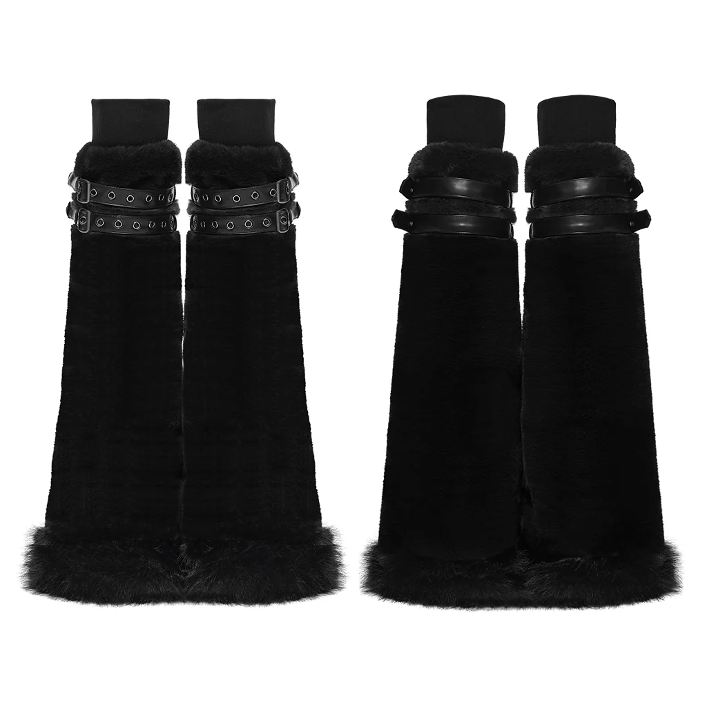 WS-826JTF Punk Accessories Black Furry Leg Warmers with Buckle Straps - Image 6