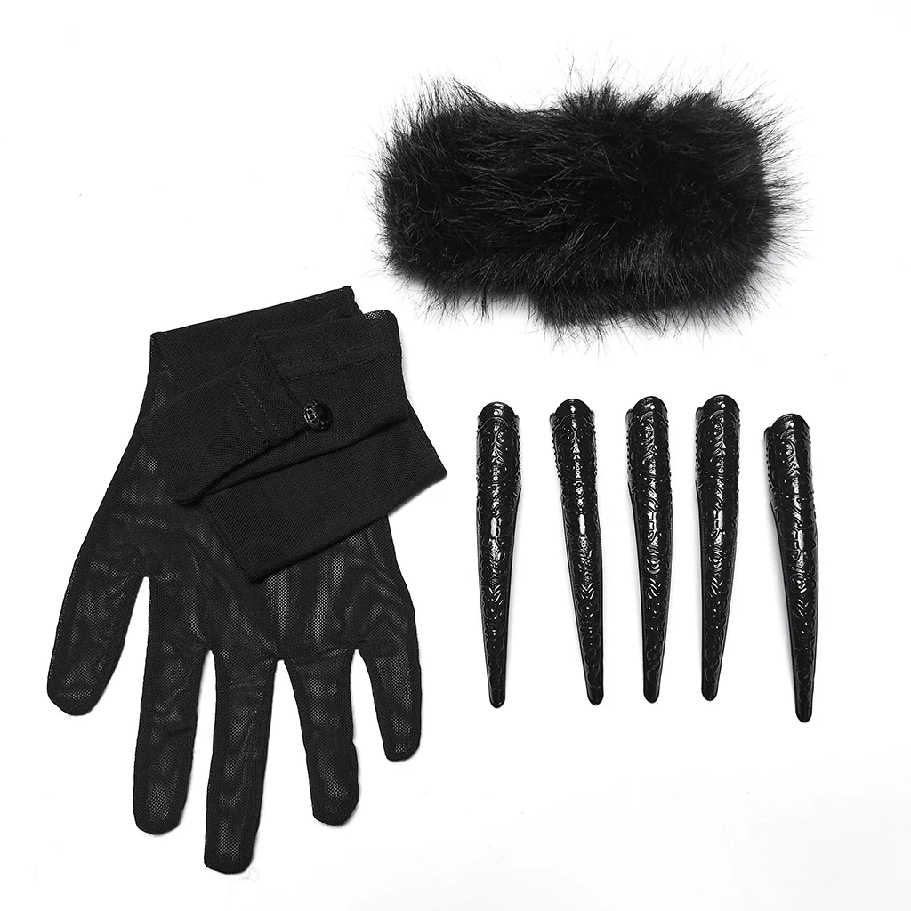 WS-842SSF Gothic Accessories Fur Hooded Mask with Chains Claw Gloves Set - Image 9