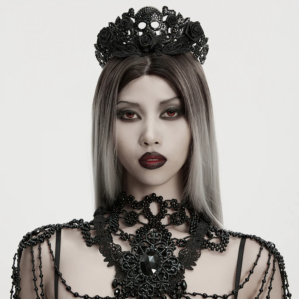 WS-843FSF Gothic Accessories Skull Crown Black Rose Lace Headpiece - Image 3