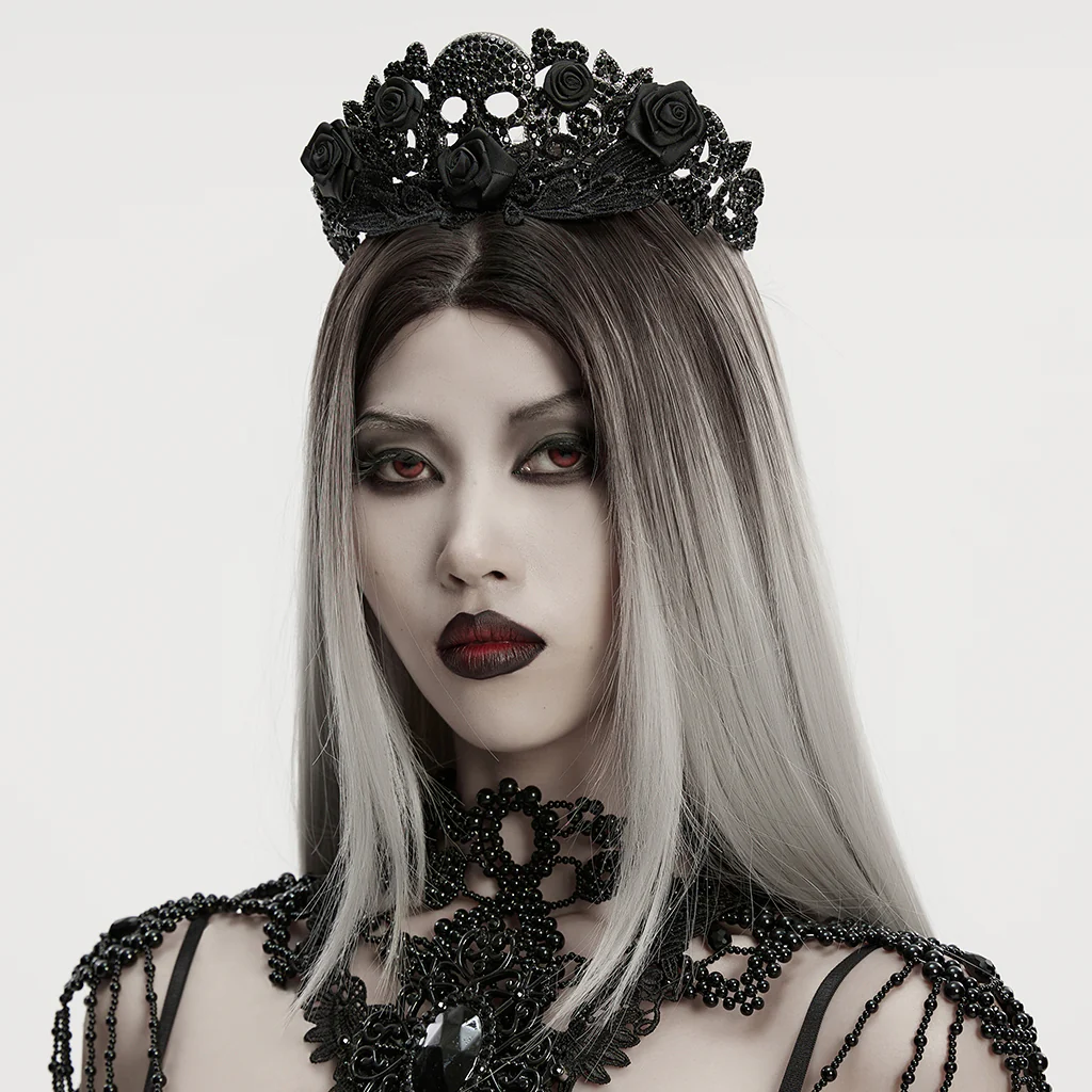 WS-843FSF Gothic Accessories Skull Crown Black Rose Lace Headpiece - Image 4