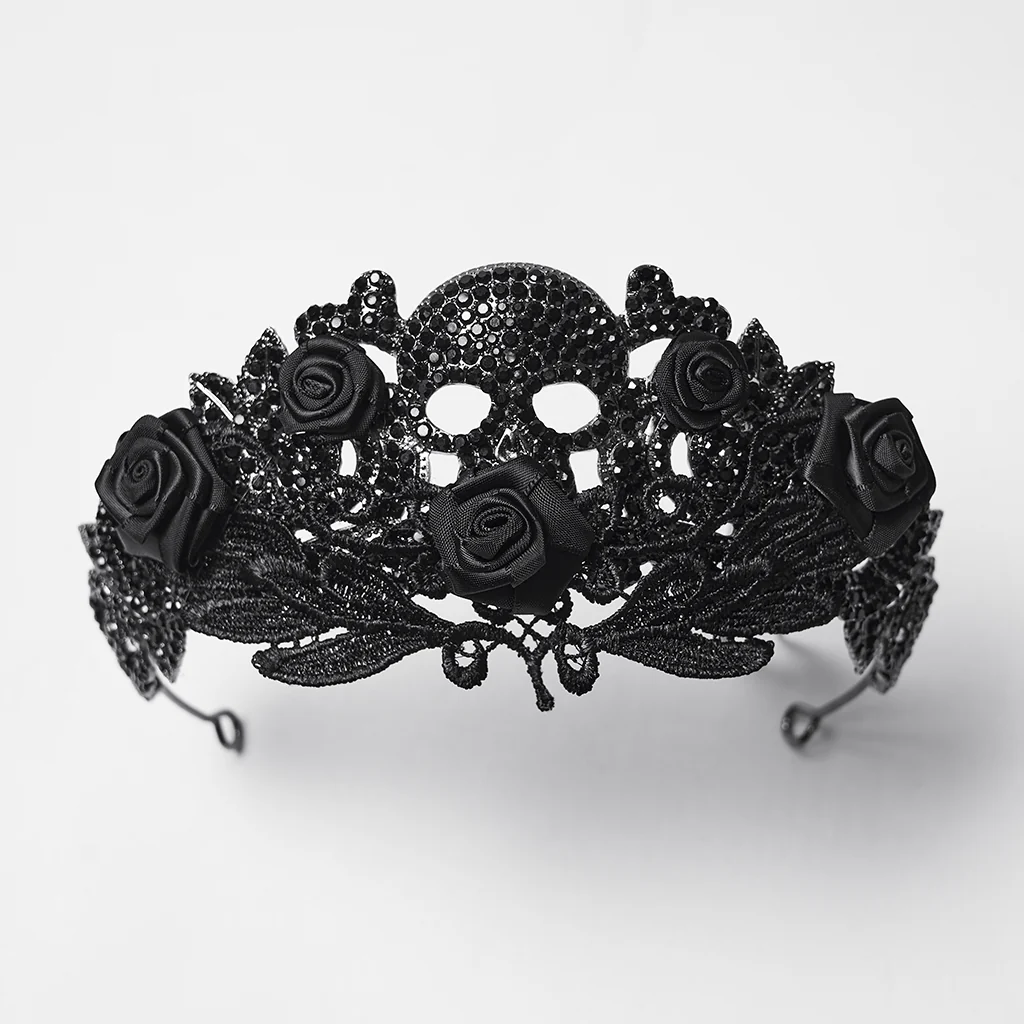 WS-843FSF Gothic Accessories Skull Crown Black Rose Lace Headpiece - Image 7