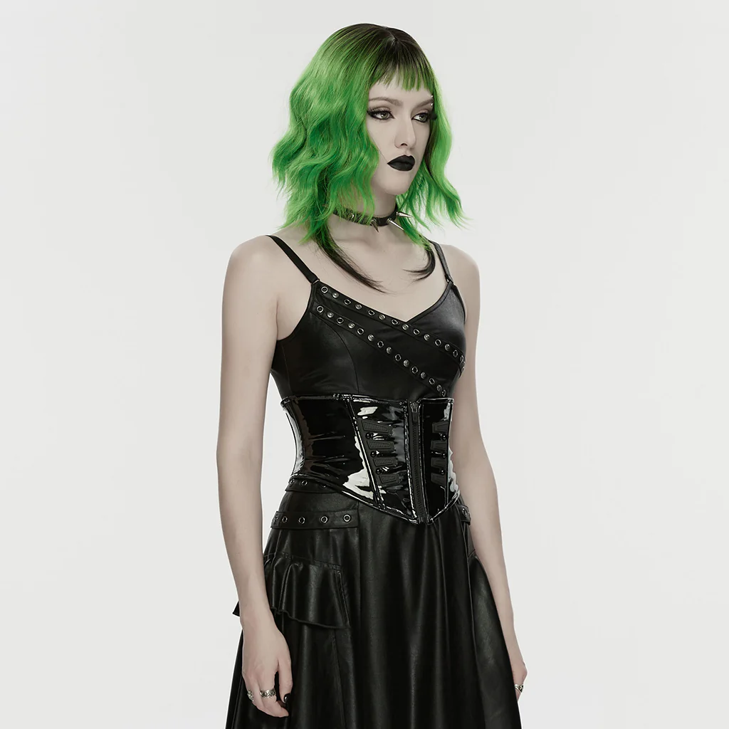 WS-862YDF Edgy Black Vinyl Punk Corset With Lace-up Front Detailing - Image 3